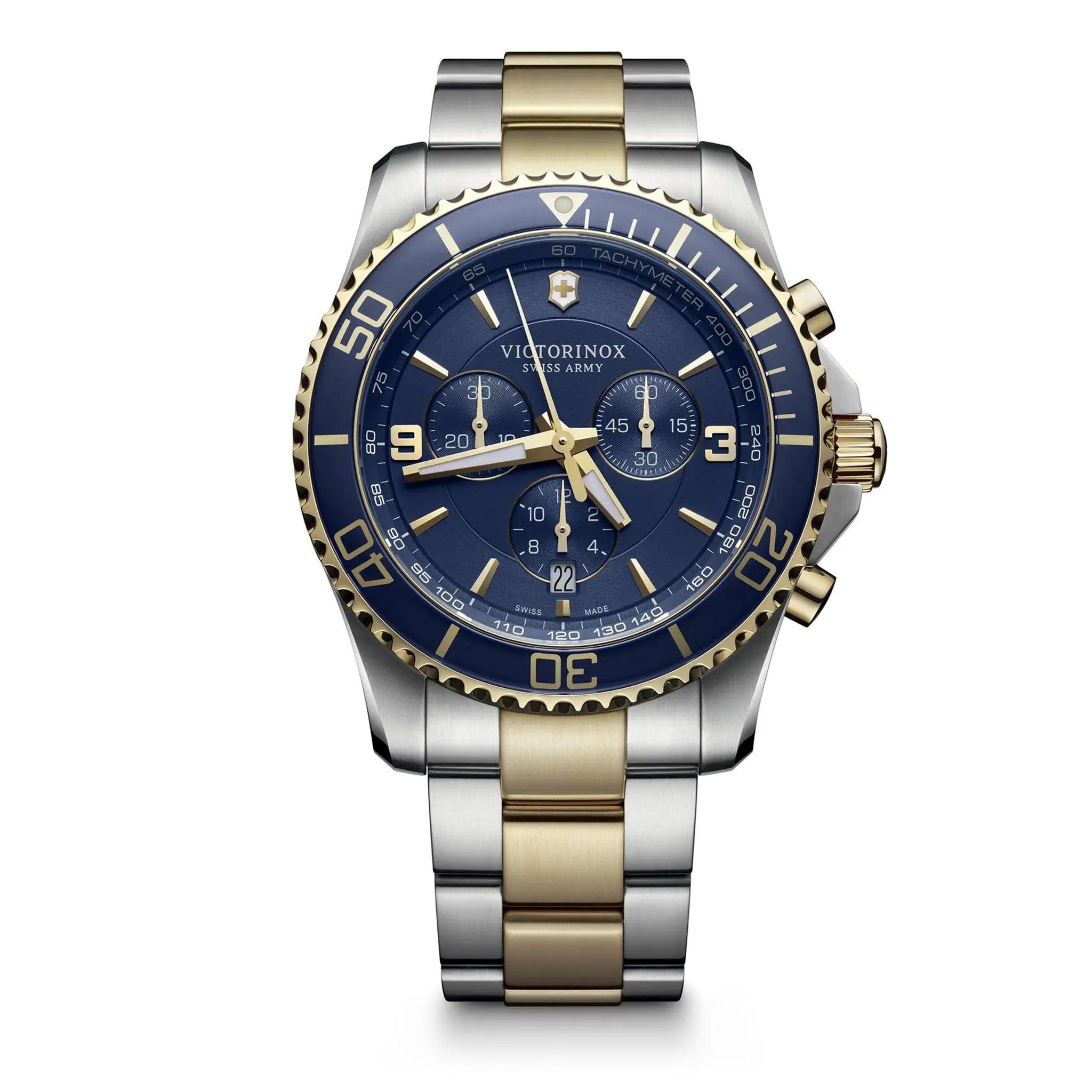 ساعة رجالية سويسرية ستانلس ستيل فضي وذهبي فيكتوري نوكس Victorinox Swiss Army Men's Maverick Chronograph Watch In Blue