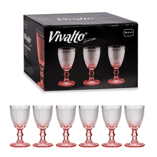 Vivalto 6 Pieces Pink Foot Points Water Glass Set 240 ml Transparent Glass - SW1hZ2U6MTg2NzYyNw==