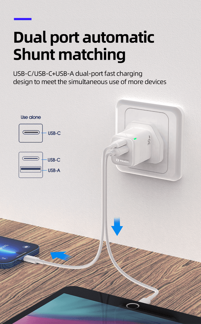 IQ Touch 30W Dual Port USB-C & A Wall Charger With GaN Tech