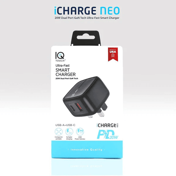 IQ Touch iCharge NEO PD 20W Dual Port GaN Tech Smart Wall Charger - SW1hZ2U6MTgxMDA0MQ==