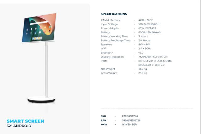 Powerology 32” FHD Android Portable Smart Screen with Stand and Built-in Battery 4+32GB - White