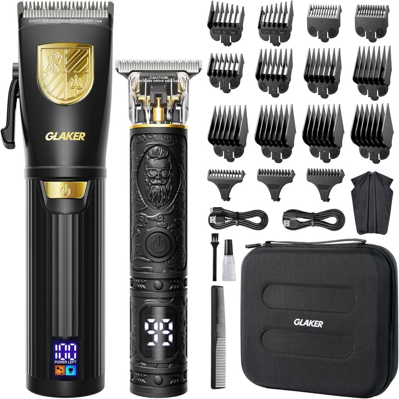 مجموعة حلاقة للرجال جلاكر 2 ماكينه حلاقه شعر راس واللحية مع رؤوس متعددة Glaker Professional Cordless Hair Clippers Kit