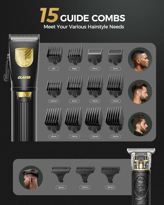 مجموعة حلاقة للرجال جلاكر 2 ماكينه حلاقه شعر راس واللحية مع رؤوس متعددة Glaker Professional Cordless Hair Clippers Kit