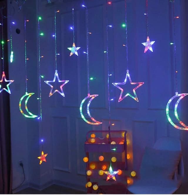 زينة رمضان للبيت هلال رمضان مع إضاءة ار جي بي 5 متر Toby's Ramadan Curtain Moon Star Decorative Lights