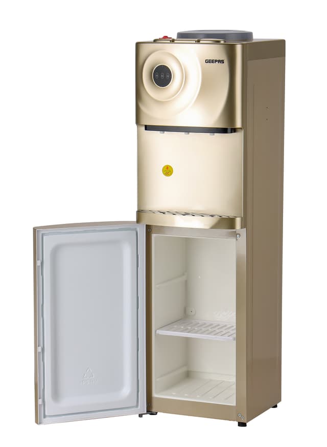 Geepas Hot & Cold Water Dispenser With Cabinet, Stainless Steel Water Tank, Normal, Hot & Cold Function, Child Safety Lock, Sus304 Stainless Pipe, Childproof Tap Design, Low Noise Design Golden
