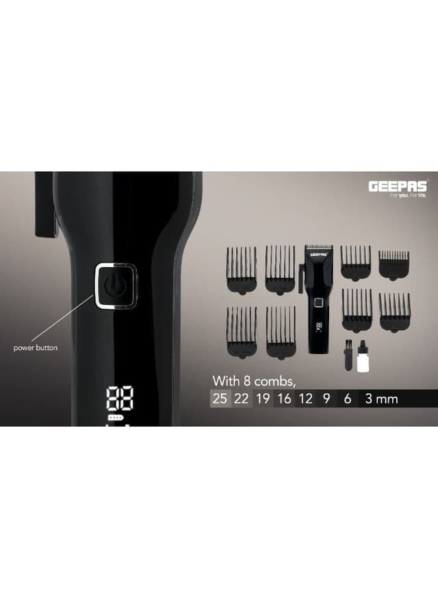 Geepas Digital Professional Hair Clipper, Trimmer 8 Combs Men Beard Mustache Edger With Led