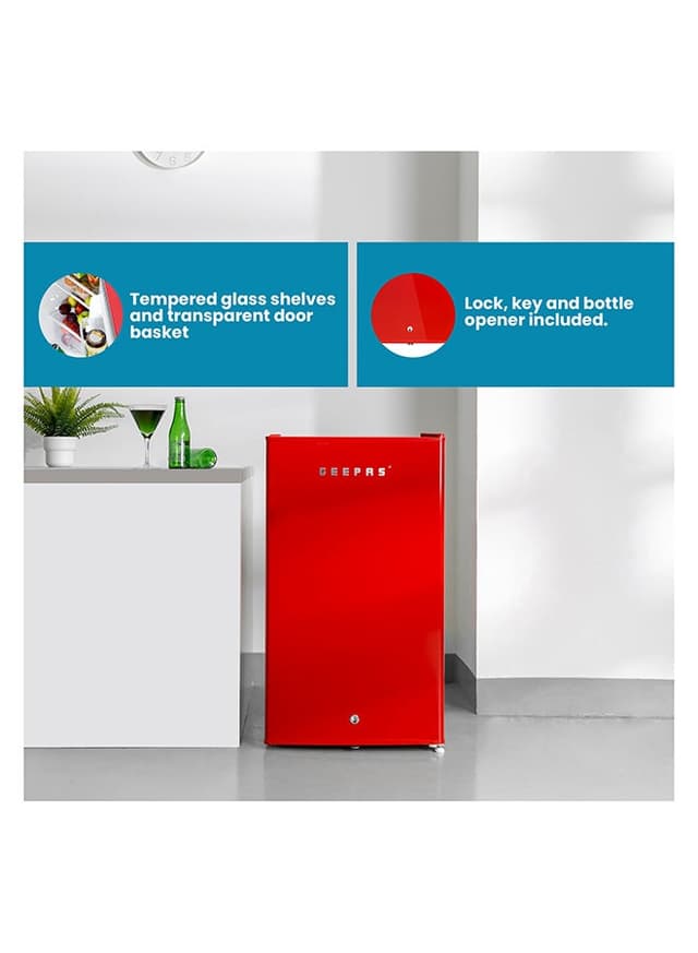 ثلاجة صغيرة 120 لتر أحمر جيباس Geepas 120l Gross/92l Net Capacity Single Door Mini Defrost Refrigerator With Retro Premium Design