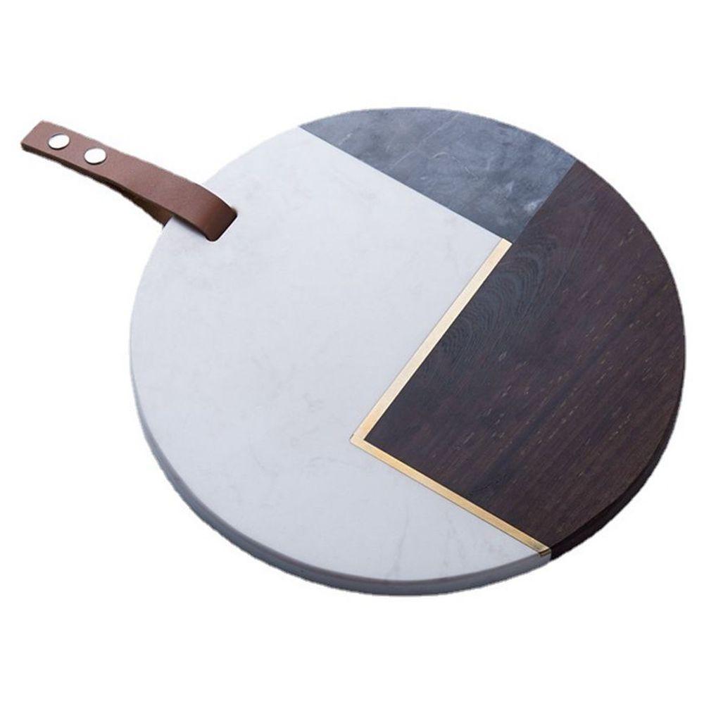 1CHASE - Natural Round Marble Tray With Acacia Wood And Leather Strap 25 Cm