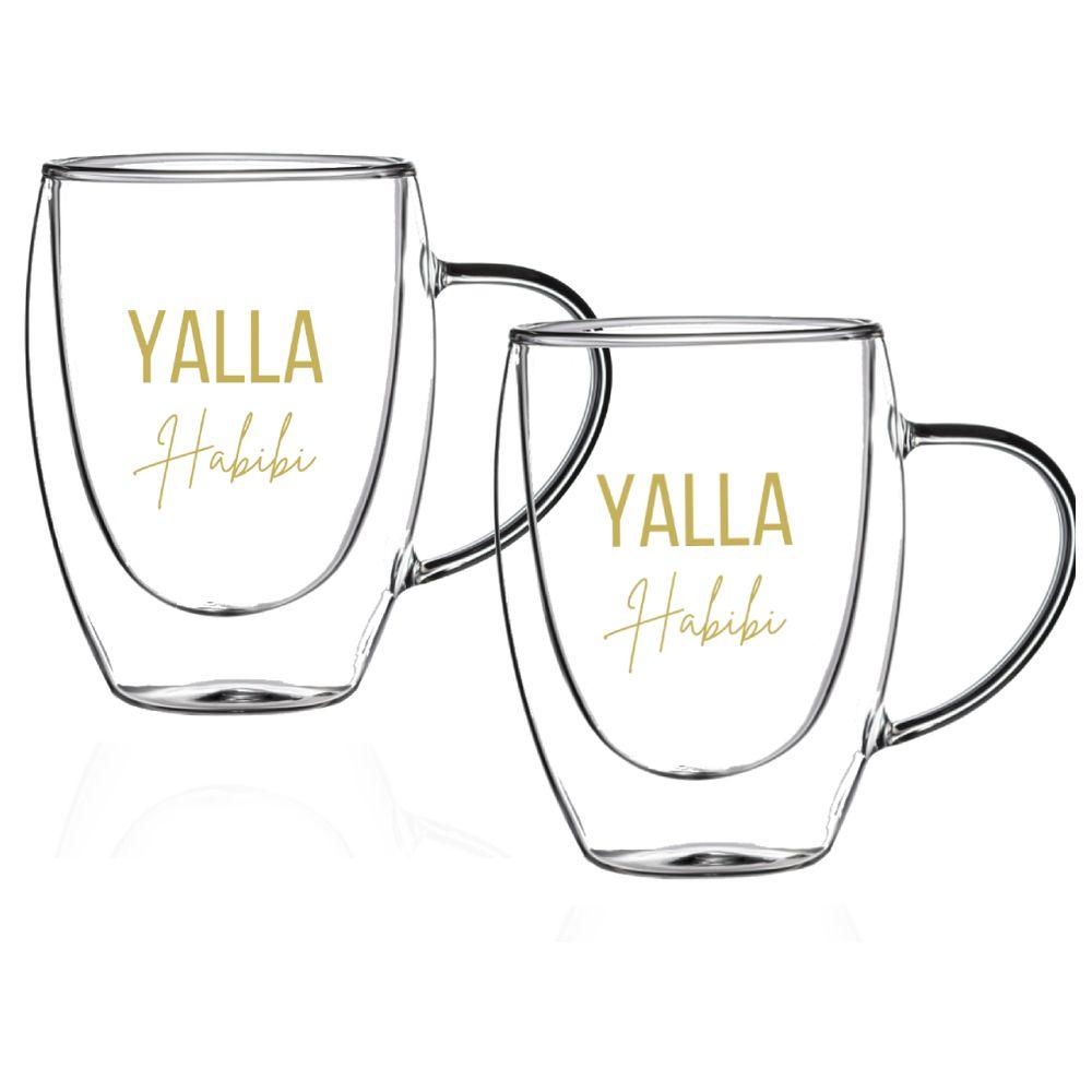 مق بسعة 350 مل ون تشايس 1Chase - Double Wall "Yalla Habibi" Printed Glass Mug With Handle