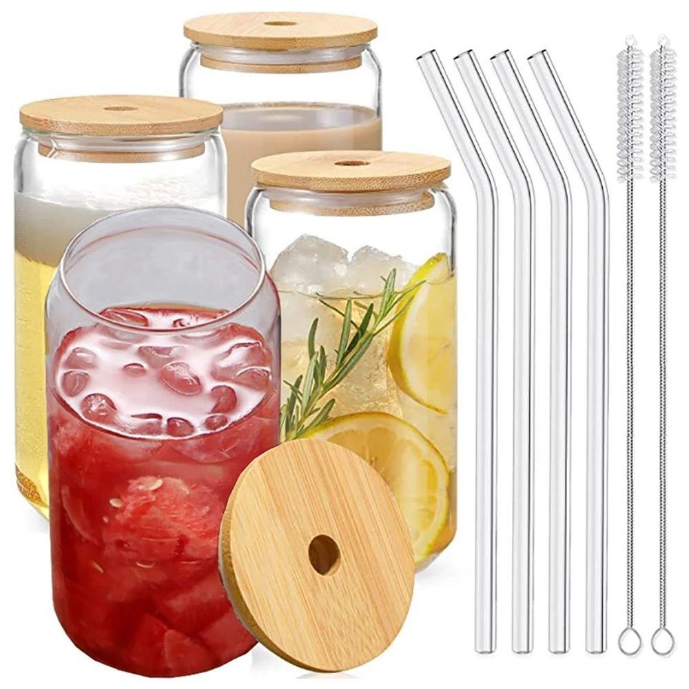 1Chase - Glass Mason Jar 550ml W/ Lid, Straw & Brush - Pack of 4