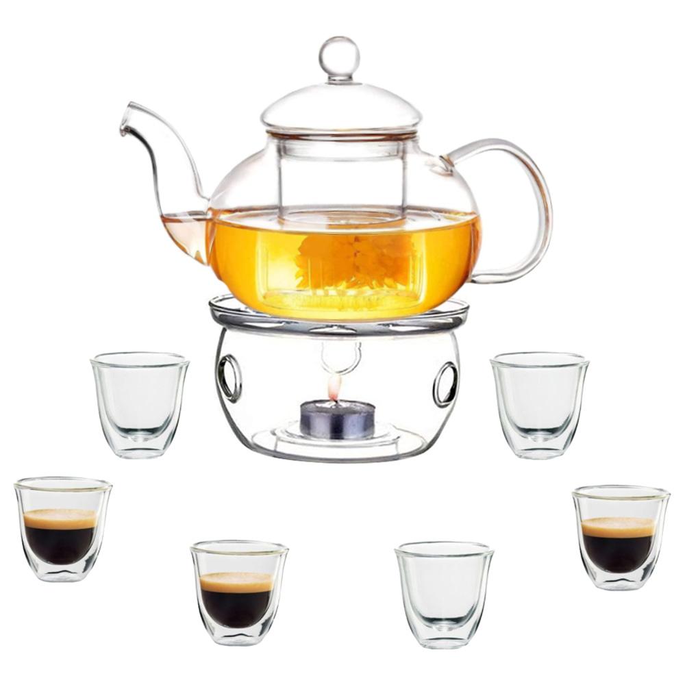 1Chase - Glass Tea Pot With Tea Warmer And Double Wall Glass 80 ml Pack of 6