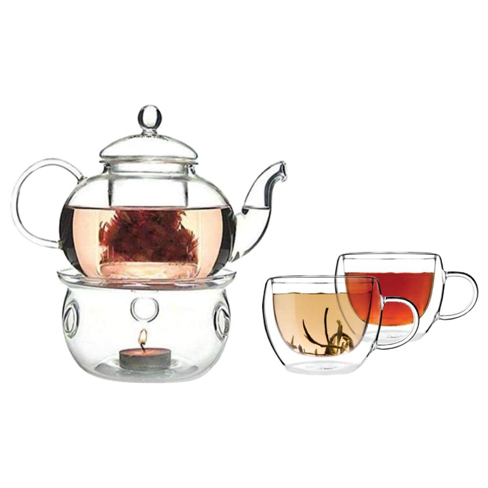 ابريق الشاي مع سخان للشاي مضيئ ون تشايس 1Chase - GlassTeapot With Tea Warmer and Double Wall Glass Cup