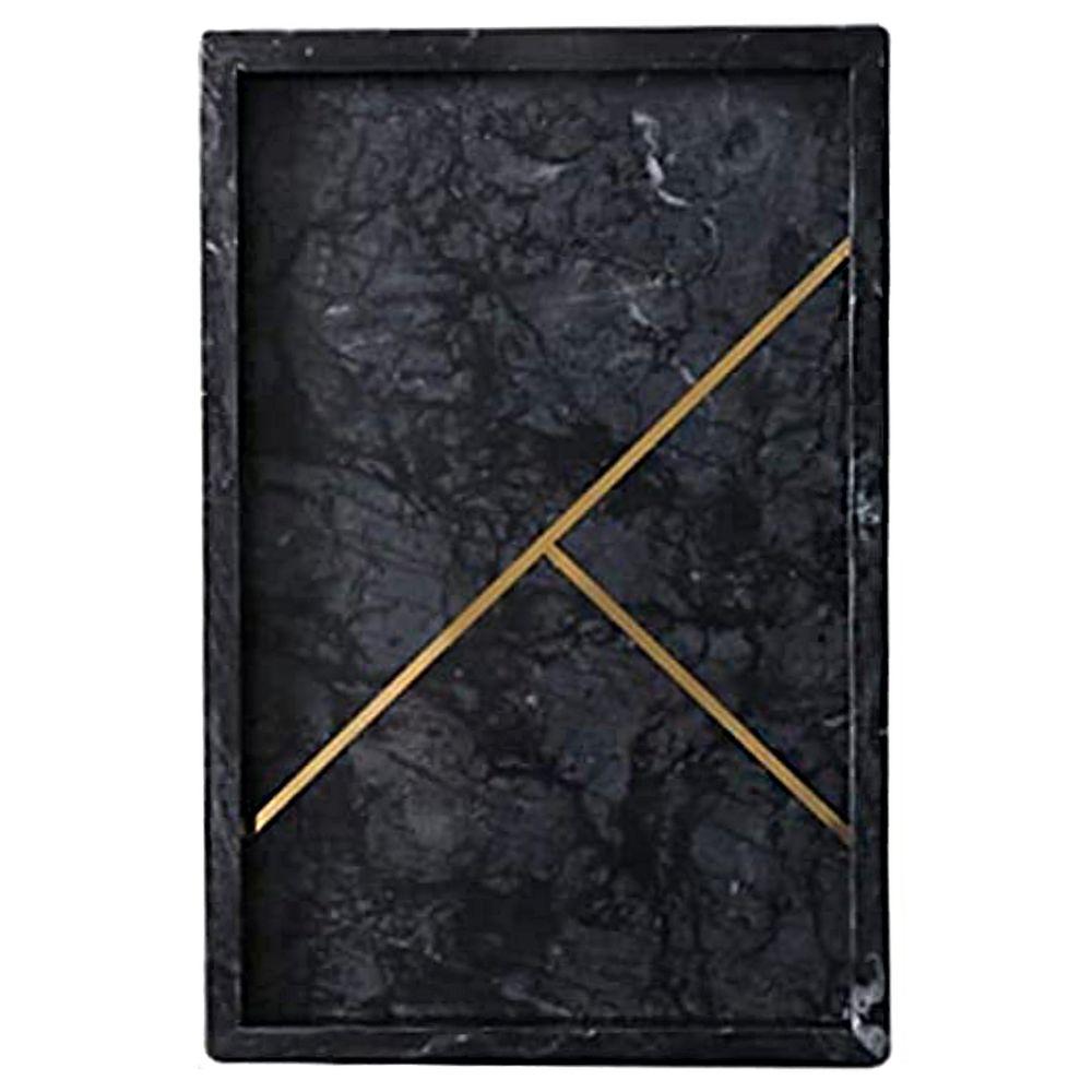 1Chase - Rectangular Marble Stone Tray W/ Gold Rib Pattern - Black