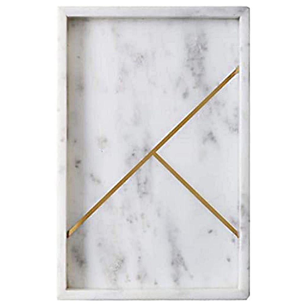 صينية تقديم  مقاومة للصدمات أبيض ون تشايس 1Chase - Rectangular Marble Stone Tray W/ Gold Rib Pattern