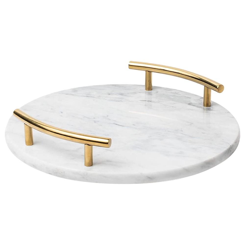 1Chase - Round Marble Tray W/ Gold Handle 25cm - White