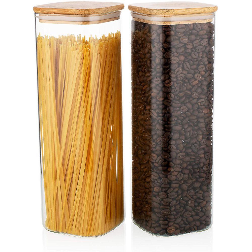 1Chase - Square Storage Jar W/ Bamboo Lid 1200ml - Pack Of 2