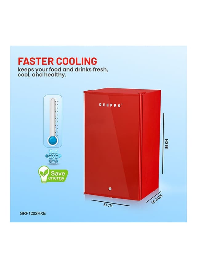 ثلاجة صغيرة 120 لتر أحمر جيباس Geepas 120l Gross/92l Net Capacity Single Door Mini Defrost Refrigerator With Retro Premium Design