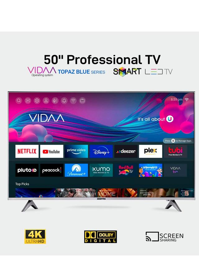 شاشة 50 بوصة 4K UHD سمارت بزمن استجابة 6.5 ميللي ثانية فضي جيباس Geepas 50- Inch Vidaa 4k Ultra Hd Smart Tv Frameless Design And Matte Silver - SW1hZ2U6MjEwOTkyNQ==