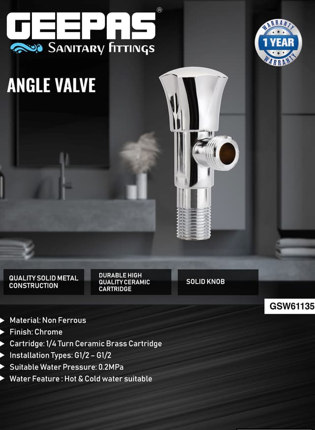 Geepas Angle Valve- Non-Ferrous Angle Valve For Toilets, Plumbing Fixtures Chrome Plated Solid Knob With Turn Ceramic Brass Cartridge G1/2-G1/2 Connection Suitable For Hot And Cold Water