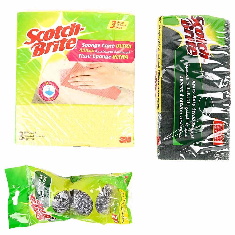 قطعة قماش إسفنجية  و حلزونية و إسفنجة تنظيف 3ام سكوتش برايت 3M Scotch Brite - Sponge cloth + Spiral + Scrub Sponge