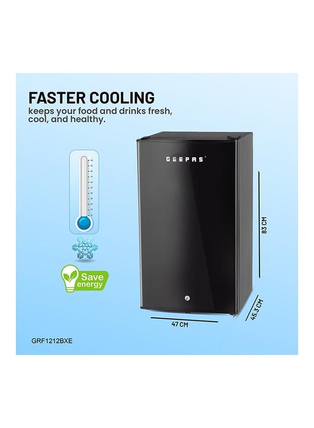 Geepas 120l Gross/92l Net Capacity, Single Door Mini Defrost Refrigerator With Retro Premium Design, Bottle Opener, Glass Shelves, Transparent Door Basket, Lock & Key, Low Noise, Low Voltage, Adjustable Front Wheel. 120 L Black