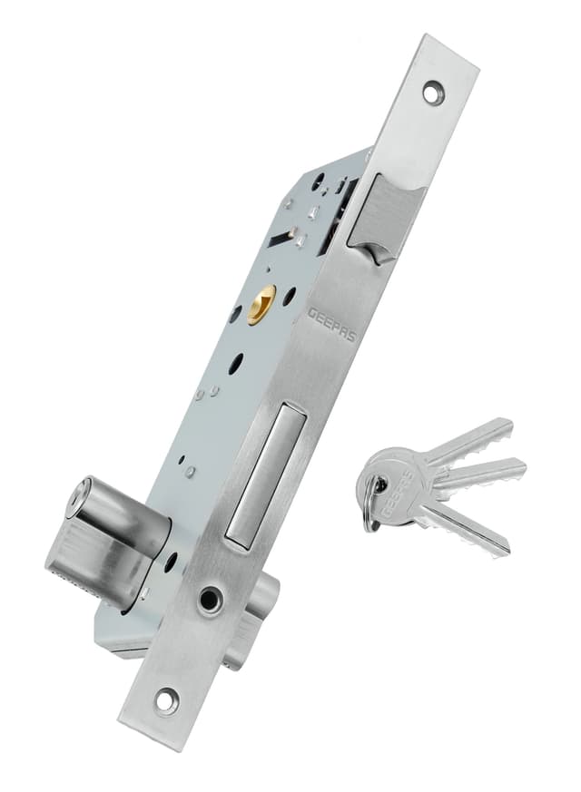 Geepas Sash Lock With Double Cylinder , High Quality Door Lock With Key, Door Lock Without Handle Perfect For Home & Office, Stainless Steel Latch Bolt And Dead Bolt, Three Keys Included
