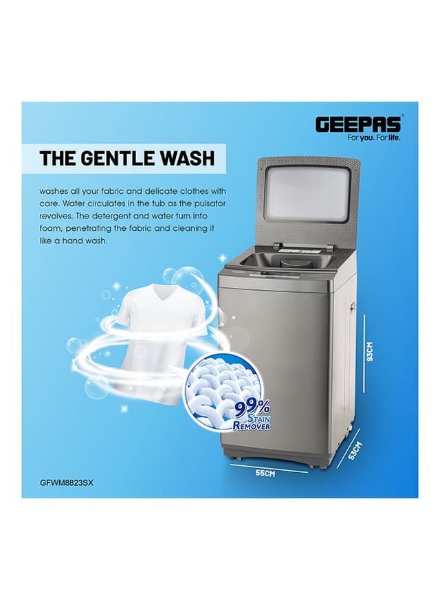 Geepas Fully Automatic Washing Machine Fully Digital Control And Automatic Top Load Washing Machine 8 Kg Grey