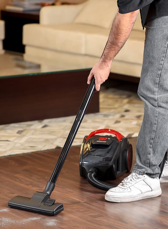 Geepas Cyclonic Vacuum Cleaner With 1.5l Dust Bag Capacity, Lower Noise Design, Flexible Hose With Handle Airflow Control, Pedal On/Off Switch, Automatic Cord Rewinder Function, Hepa Filtration System 1.5 L 2200 W Red, Black
