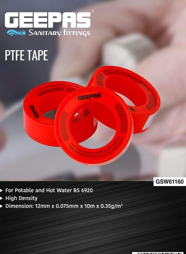 Geepas Ptfe Tape , Pack Of 10, 12 Mm X 0.075 Mm X 10 M, For Potable And Hot Water Bs 6920, Perfect For General Repairs, Diy, Plumbing, White And Red