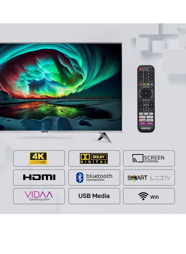 Geepas 50 Inch Vidaa 4k Ultra Hd Smart Tv Frameless Design And Matte Silver Finish Pre