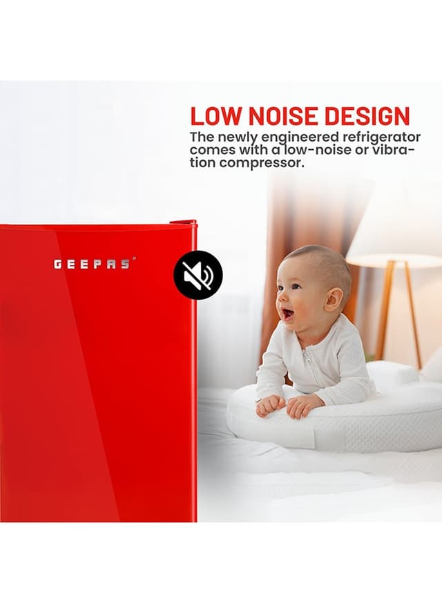 ثلاجة صغيرة 120 لتر أحمر جيباس Geepas 120l Gross/92l Net Capacity Single Door Mini Defrost Refrigerator With Retro Premium Design