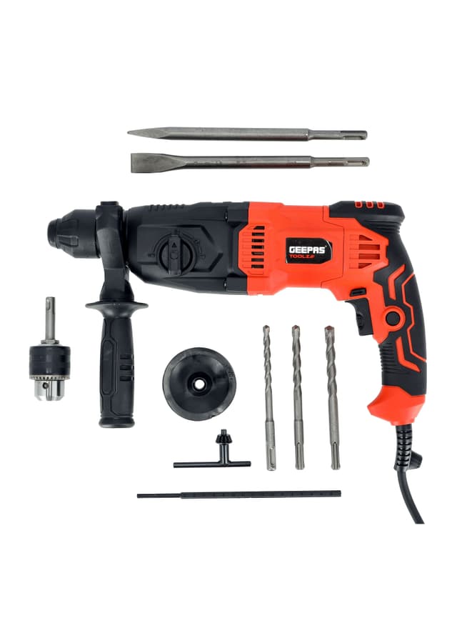 Geepas 26mm Rotary Hammer, Hammer With Sds Plus 4 Function And Adjustable Soft Grip Handle, Point And Flat Chisel, Heavy Duty Rotary Hammer Drill