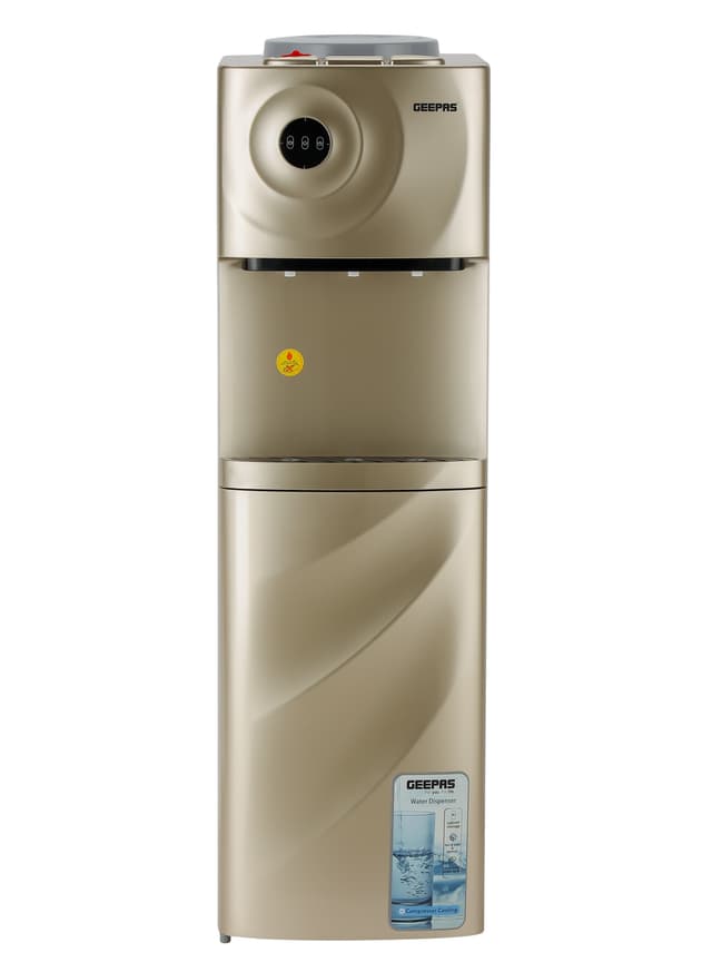 Geepas Hot & Cold Water Dispenser With Cabinet, Stainless Steel Water Tank, Normal, Hot & Cold Function, Child Safety Lock, Sus304 Stainless Pipe, Childproof Tap Design, Low Noise Design Golden