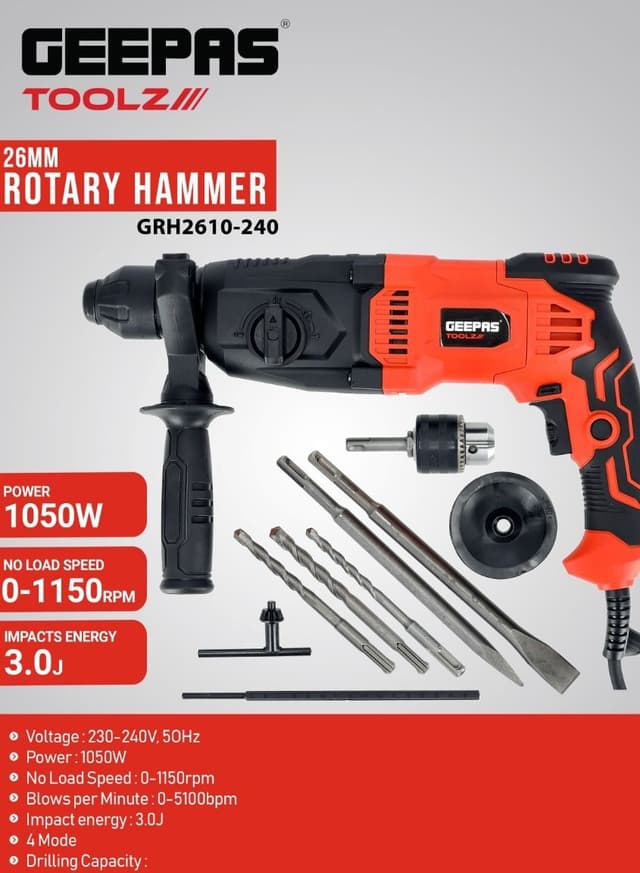 Geepas 26mm Rotary Hammer, Hammer With Sds Plus 4 Function And Adjustable Soft Grip Handle, Point And Flat Chisel, Heavy Duty Rotary Hammer Drill