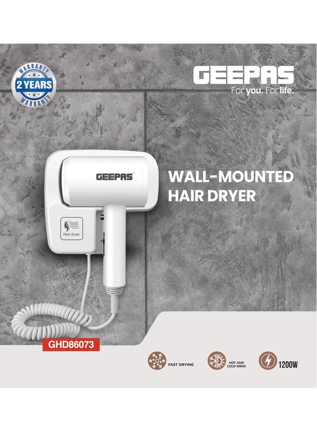 مجفف شعر للحمام للجنسين 1200 واط جيباس Geepas Wall Mounted Hair Dryer Hot & Cold Wind