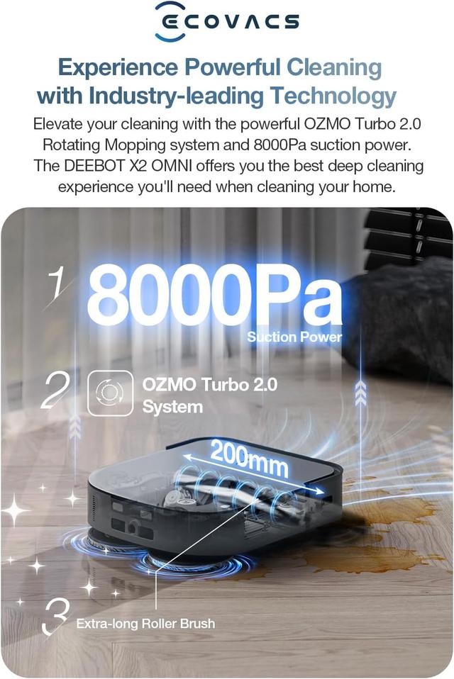 مكنسة روبوت التنظيف ايكوفاكس 8000 باسكال مع صندوق للغبار Ecovacs X2 Omni Robot Vacuum And Mop