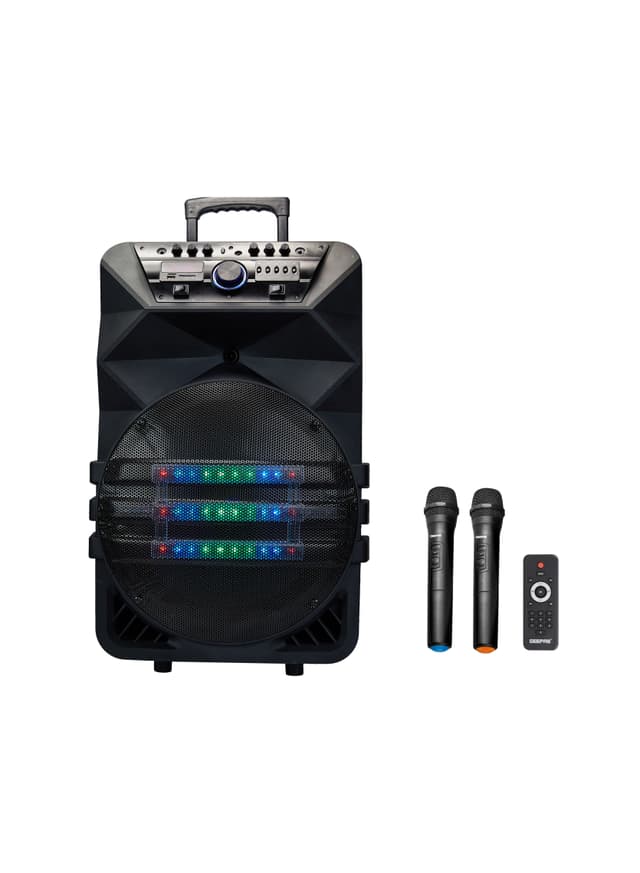 Geepas Rechargeable Professional Trolley Speaker With Bluetooth, Led Display Two Wireless Microphones And A Remote Control - 541256