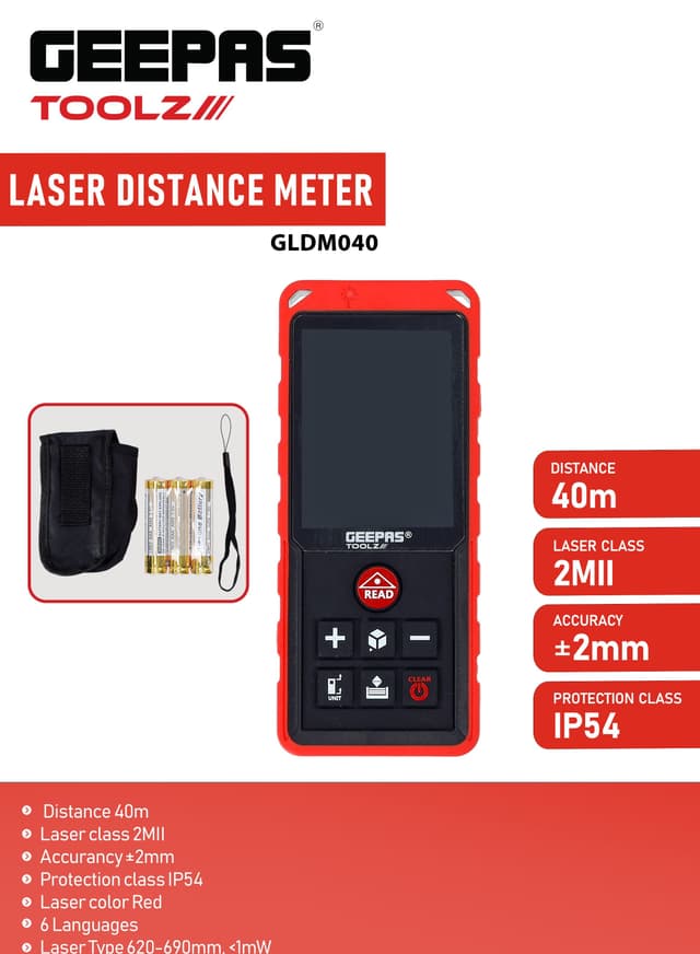 جهاز قياس المسافات بالليزر من جيباس مسافة 40 متر ويدعم 6 لغات Geepas Laser Distance Meter
