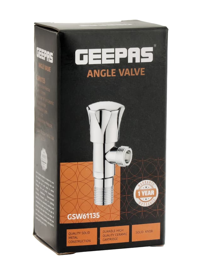 Geepas Angle Valve- Non-Ferrous Angle Valve For Toilets, Plumbing Fixtures Chrome Plated Solid Knob With Turn Ceramic Brass Cartridge G1/2-G1/2 Connection Suitable For Hot And Cold Water