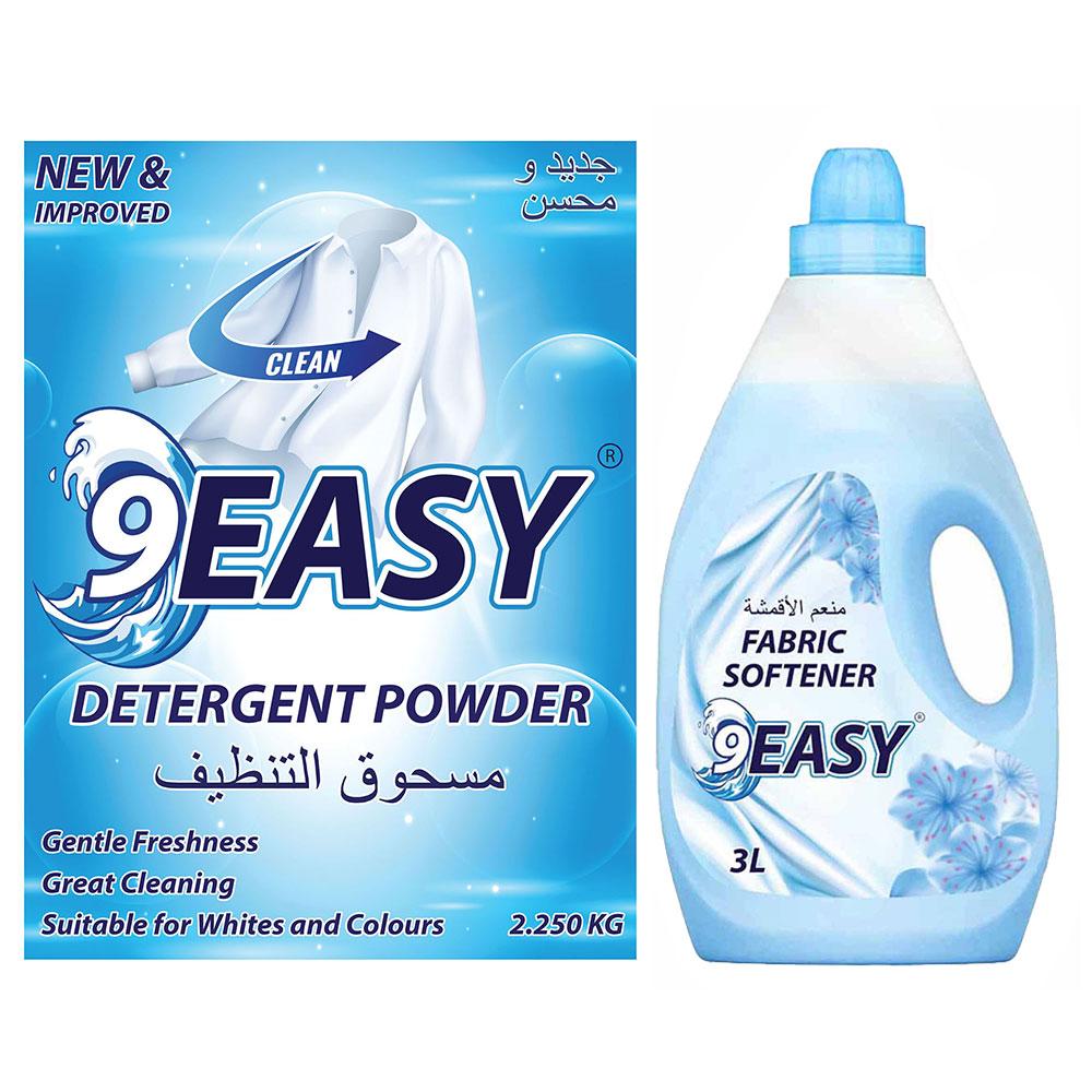 مسحوق غسيل 2.25 كغ + منعم أقمشة 3 لتر أزرق  9 ايزي 9EASY Detergent Powder + Fabric Softner