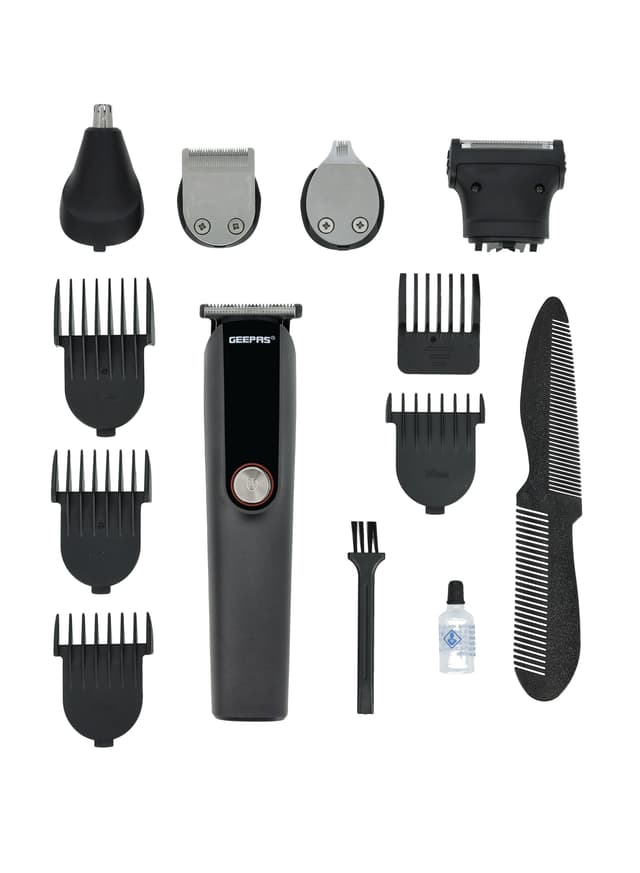 Geepas Digital Rechargeable 11-In-1 Grooming Kit, 4 Combs Nose Trimmer, Micros Shaver, Design Trimmer Led Display & Charging Indicator Stainless Steel Blade