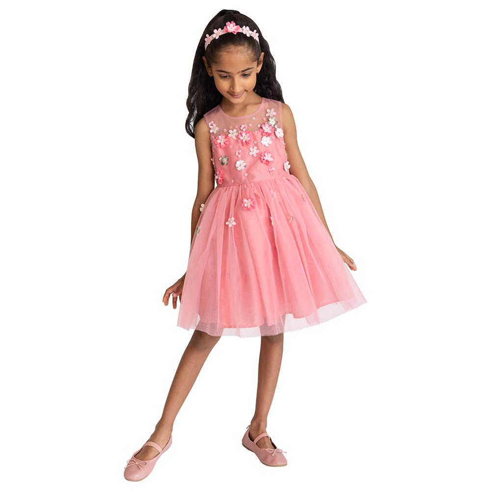 فستان بناتي صيفي تفتة لتل فابل زهري بطبقة تول A Little Fable Rose 3D Flower Dress