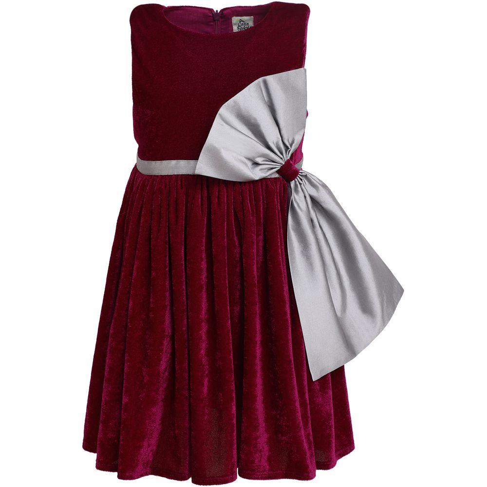 فستان بناتي للأعراس مخمل لتل فابل خمري بشريطة فضية A Little Fable Silver Bow Dress