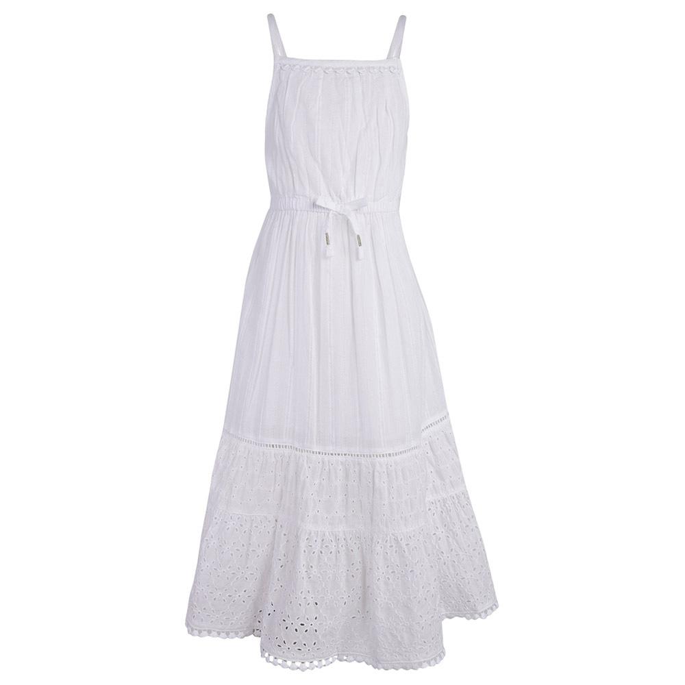 فستان بناتي قطني لتل فابل طويل أبيض بحزام خصر A Little Fable Sleeveless Harmony Dress
