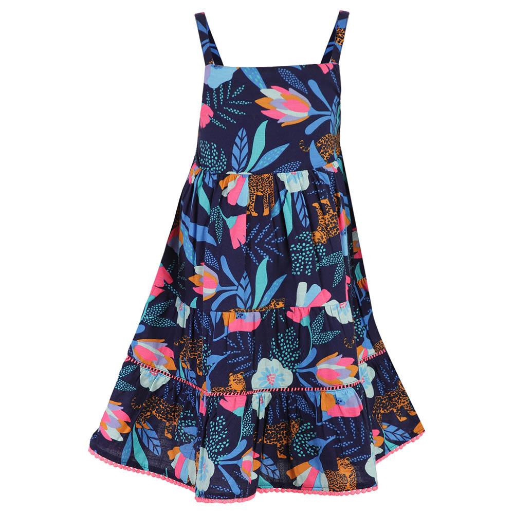 فستان بناتي قطني لتل فابل قصير أزرق بنقوش A Little Fable Sleeveless Rain Forest Dress