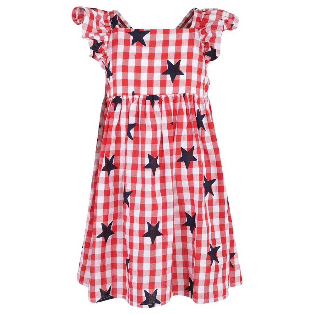 فستان بناتي قطني لتل فابل قصير أبيض وأحمر بنجوم A Little Fable Star Print Bright Dress