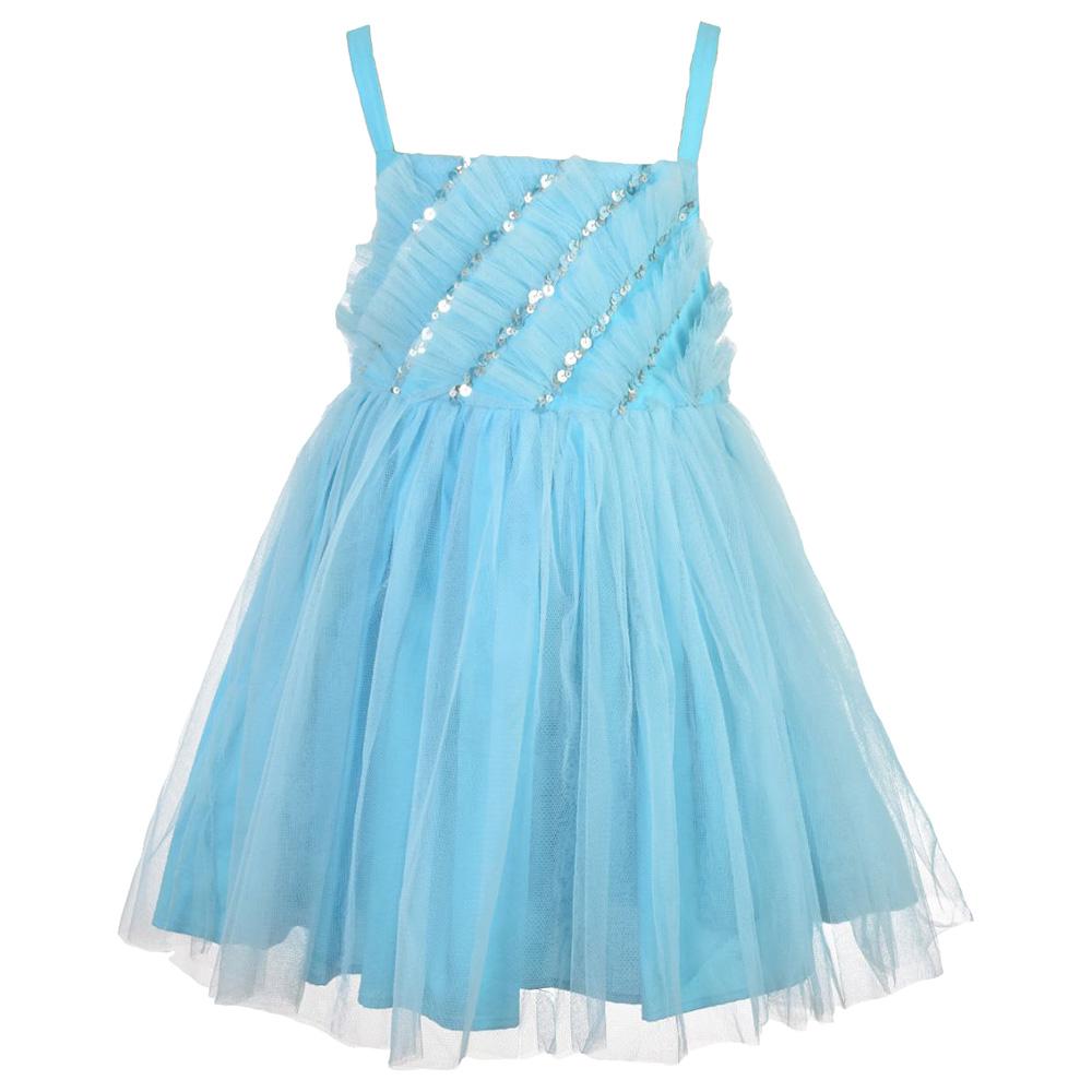 فستان بناتي للمناسبات تفتة لتل فابل أزرق بدون أكمام A Little Fable Tulip Ruffle Dress