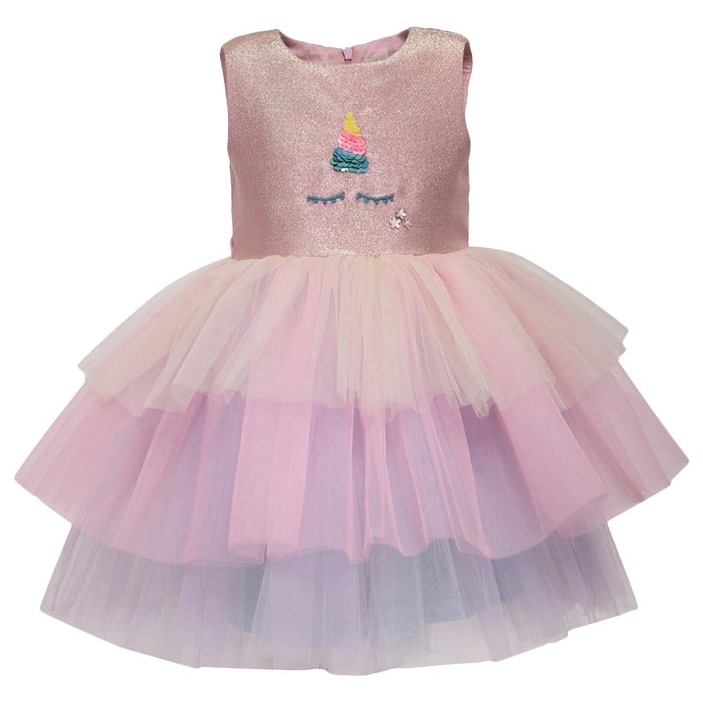 فستان بناتي للمناسبات تفتة لتل فابل زهري منفوش A Little Fable Unicorn Sleeveless Party Dress