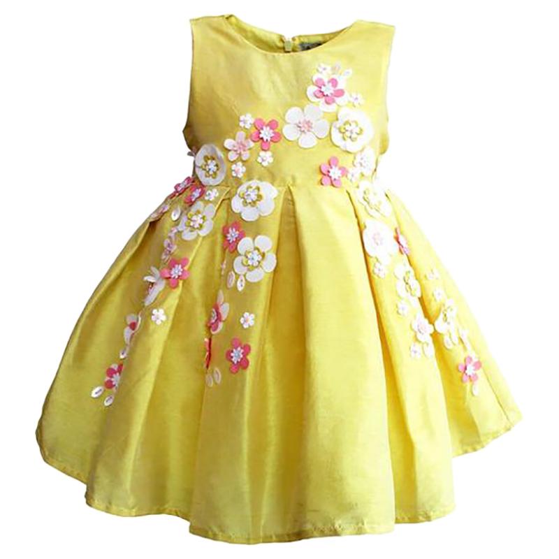 فستان بناتي صيفي تفتة لتل فابل أصفر بورد ملون A Little Fable Yellow 3D Flower Dress