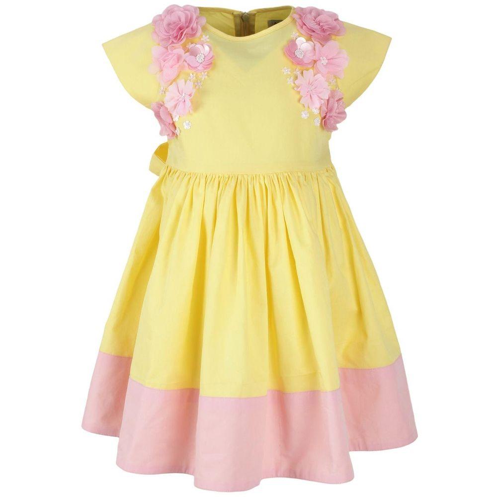 فستان بناتي صيفي قطن لتل فابل أصفر مع ورود زهري A Little Fable Yellow Aiden Garden Dress